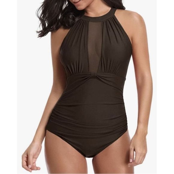Tempt Me Other - Tempt Me High Neck Mesh Plunge Ruched Swimsuit M